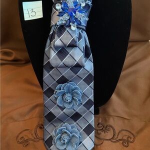 Stylish Gray & Navy Checkered Men's Tie with Blue Floral Accents
